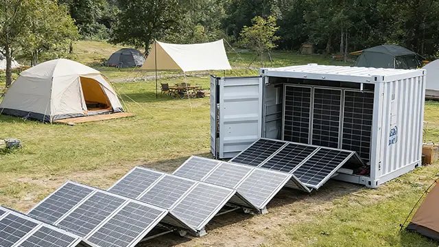 Solar shipping container and integrated panels blended with natural landscape Equipment seamlessly integrated with natural landscape