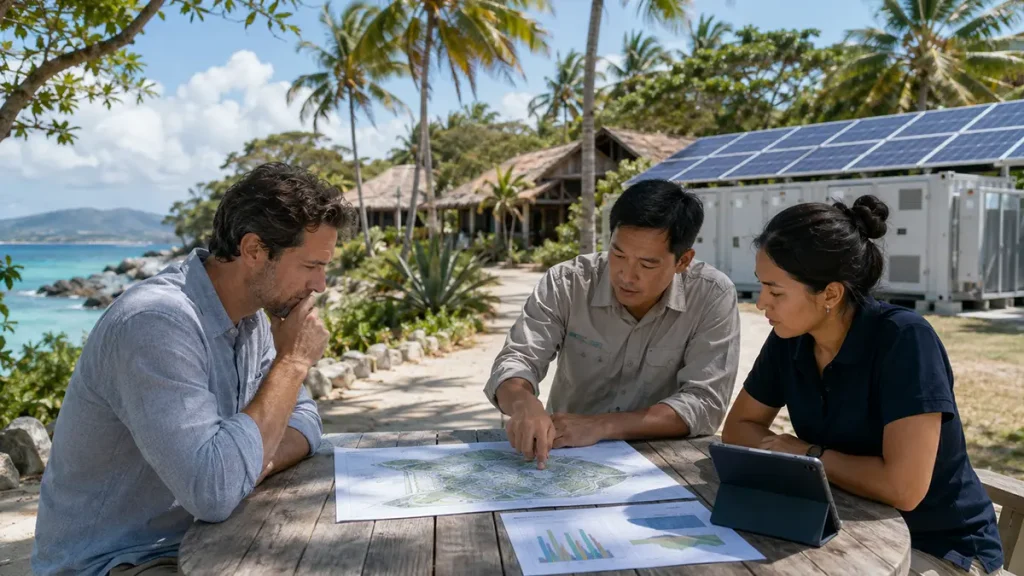 Eco-destination power operating-profile review Resort owner, EPC engineer, and operations manager reviewing a remote hospitality site load profile beside containerized solar and energy storage equipment