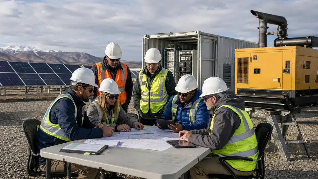 يقوم فريق الهندسة والمشتريات والإنشاءات بمقارنة افتراضات حاويات الطاقة الشمسية، ومولدات الديزل، والخدمات اللوجستية للوقود، والصيانة في موقع صناعي