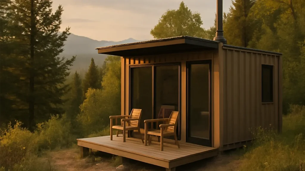 A scenic view of an off-grid shipping container cabin surrounded by nature