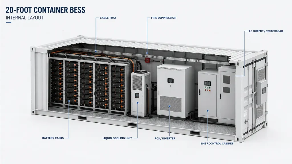 Internal layout of a 20-foot container BESS with battery racks PCS liquid cooling and fire suppression