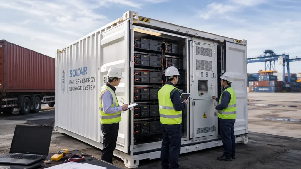 Engineers conducting factory acceptance testing and shipping inspection for a containerized battery energy storage system
