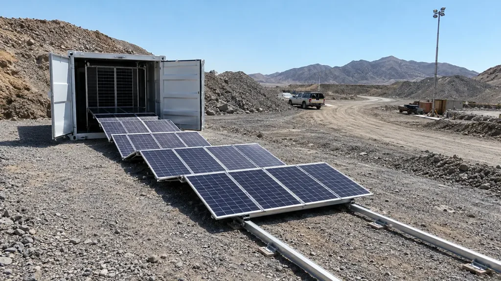 Foldable solar container with rail-mounted photovoltaic panels deployed at a remote mining site