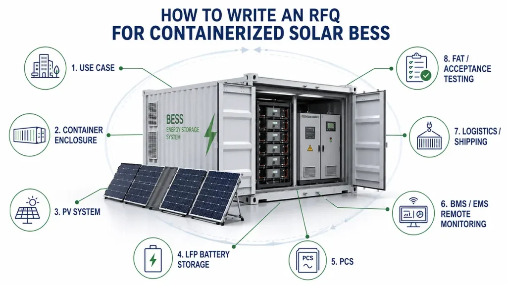 Containerized solar BESS RFQ requirements covering use case, enclosure, PV, battery, PCS, EMS, logistics and FAT