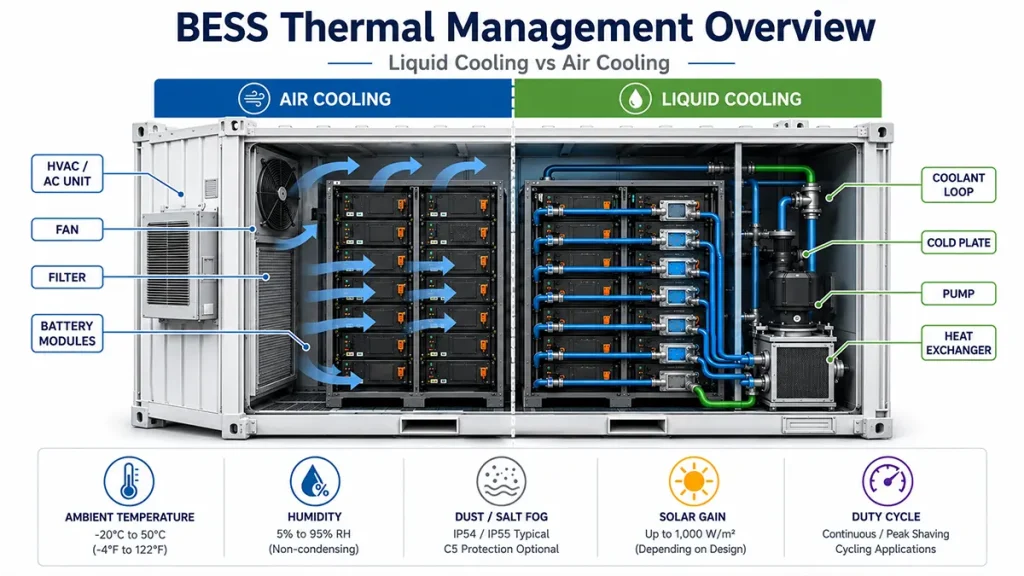Engineering comparison of air cooling and liquid cooling heat transfer paths inside a battery energy storage system