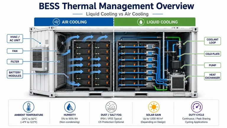 Engineering comparison of air cooling and liquid cooling heat transfer paths inside a battery energy storage system
