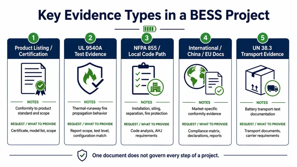 Comparison of product certification, UL 9540A test evidence, NFPA 855 site requirements, international compliance documents and UN 38.3 transport evidence for BESS projects