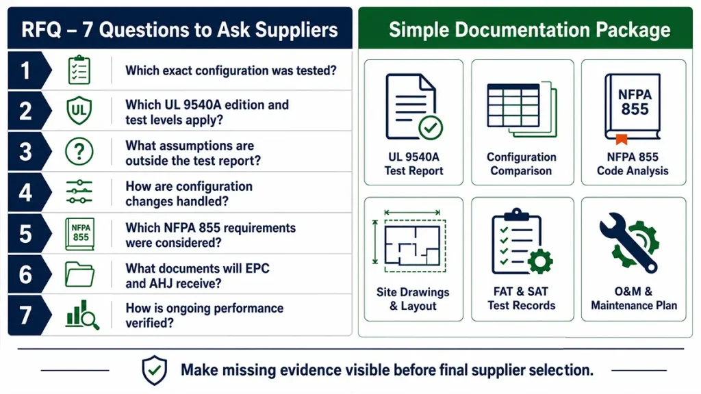Checklist of seven RFQ questions for BESS suppliers together with a simple documentation package including UL 9540A report, configuration comparison, NFPA 855 code analysis and FAT SAT records