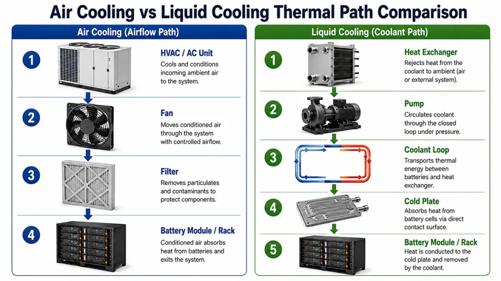Comparison overview of liquid cooling and air cooling thermal management systems for container BESS