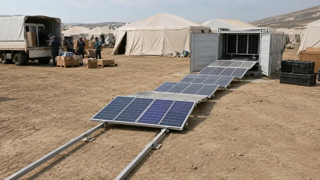 Mobile solar battery power station for humanitarian base camp emergency energy