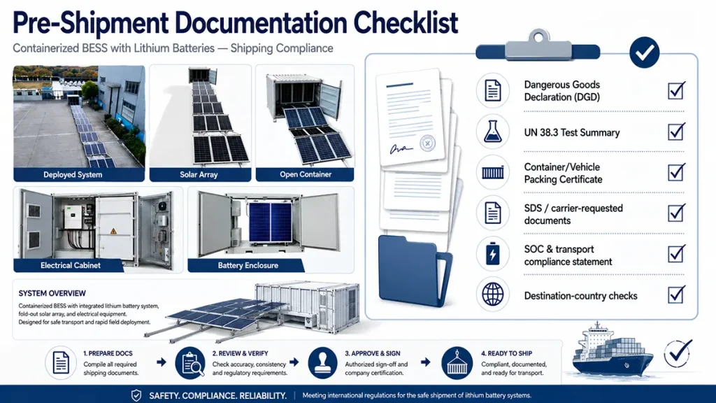 Pre-shipment documentation checklist for containerized BESS lithium battery shipping compliance