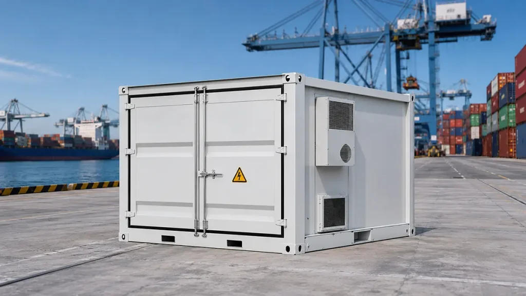 Containerized BESS prepared for international lithium battery shipping at a cargo port
