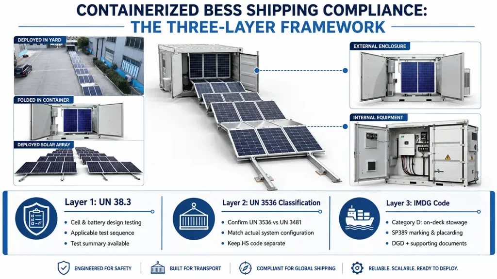 Three-layer containerized BESS shipping compliance framework covering UN 38.3 testing, UN 3536 classification and the IMDG Code