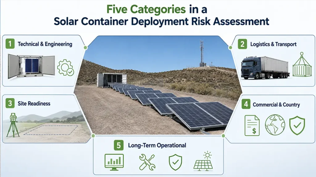 Infographic showing the five categories in a solar container deployment risk assessment including technical engineering logistics transport site readiness commercial country and long-term operational risks