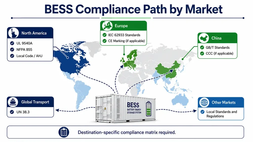 Global compliance comparison for BESS covering UL 9540A and NFPA 855 in North America, IEC and CE in Europe, GB standards in China and UN 38.3 for transport