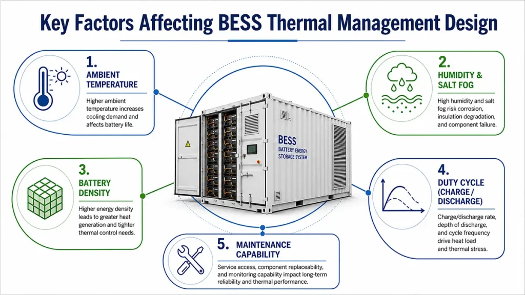 Diagram showing key factors including temperature, humidity, battery density and duty cycle affecting BESS thermal management design