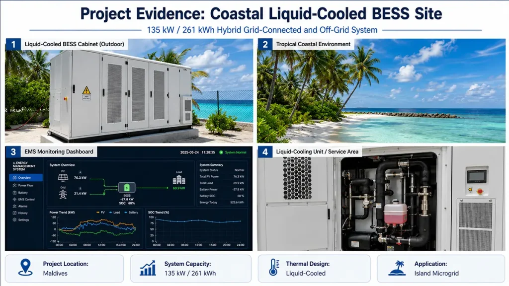 Maldives coastal liquid cooled BESS project with 135kW power and 261kWh energy storage capacity