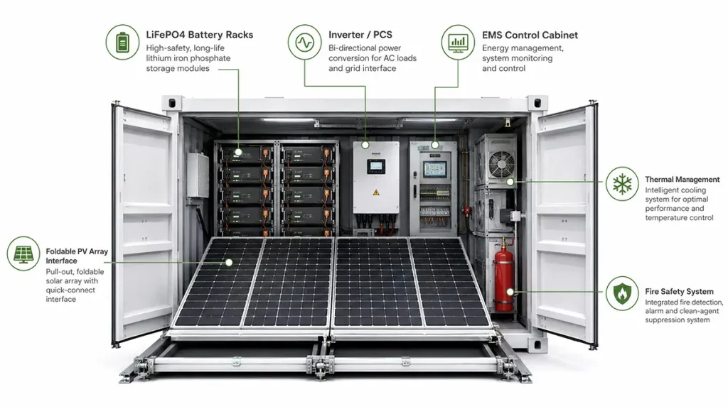 Key Components Inside an Off-Grid Solar Container System Internal components of an off-grid solar container system including battery racks inverter PCS EMS cooling and fire safety system