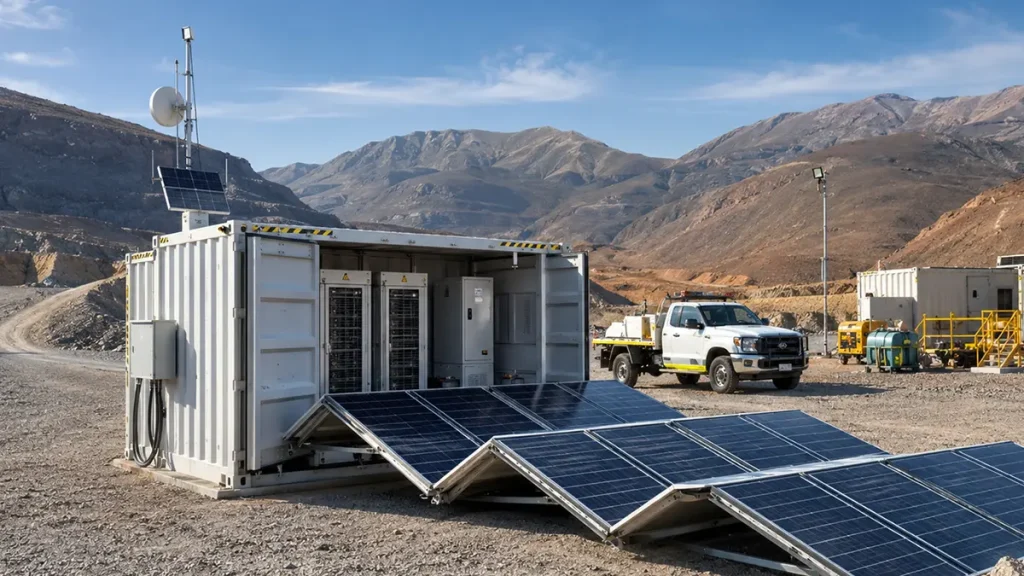 Real-World Deployment of Solar Container System in Remote Mining Operations Solar container system deployed in a remote mining operation with fold-out solar panels and containerized energy storage