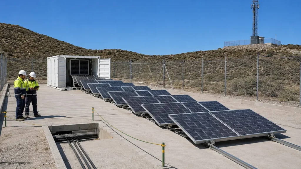 Engineers inspecting site readiness for a solar container installation with concrete pad cable trench and sliding solar panel array