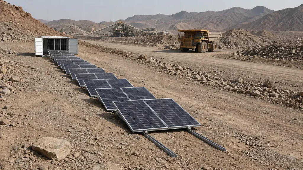 Fold-out solar container deployed at a remote mining site with sliding solar panel array and heavy mining equipment in the background
