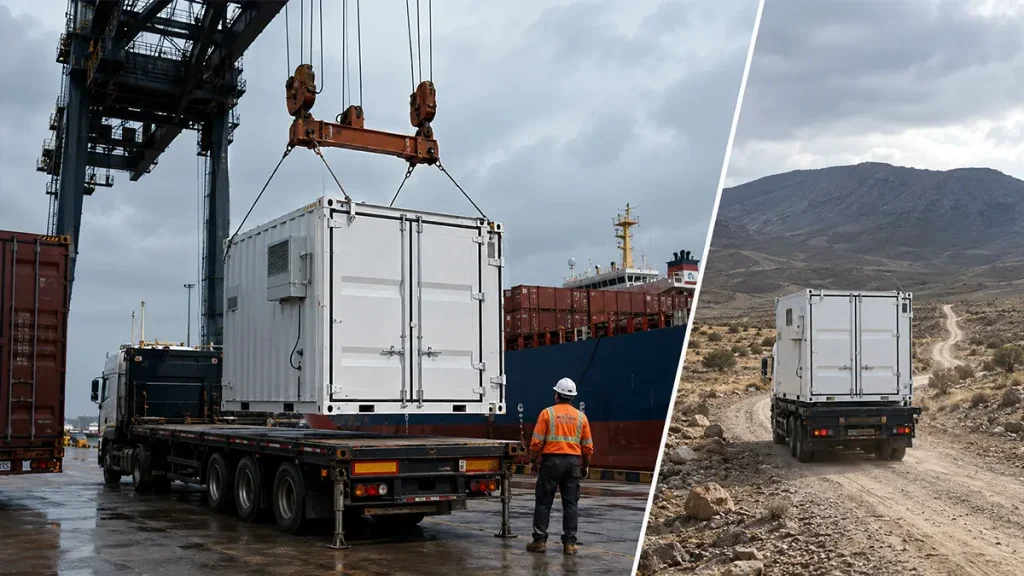 Solar container being lifted at a port and transported on a remote mountain road illustrating logistics and transport risks