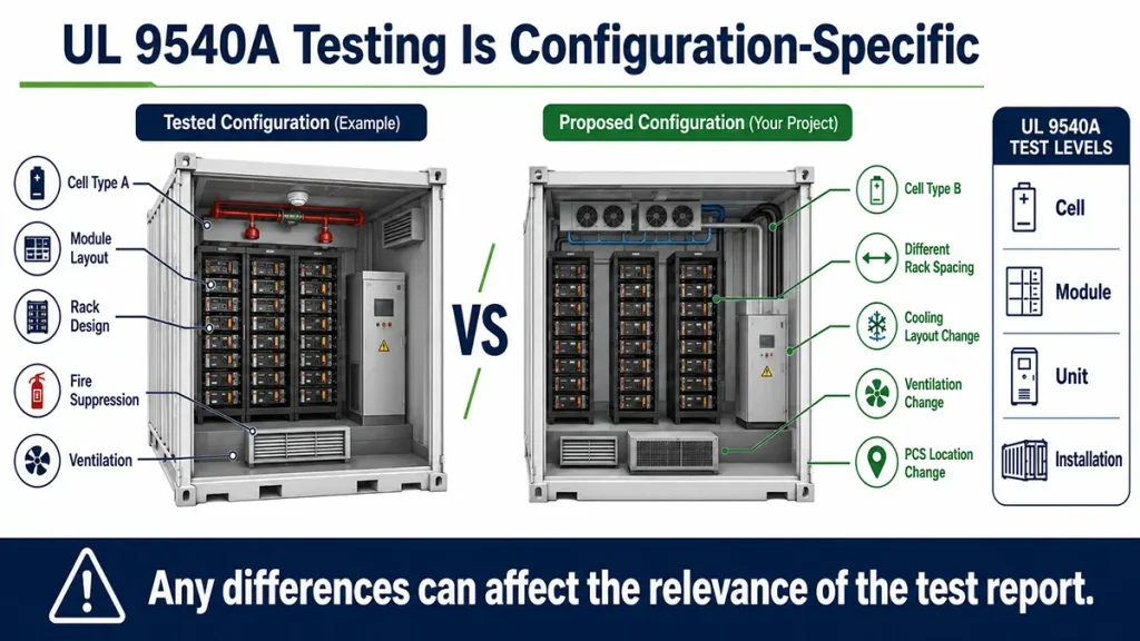 Diagram comparing tested and proposed BESS configurations and explaining UL 9540A test levels including cell, module, unit and installation