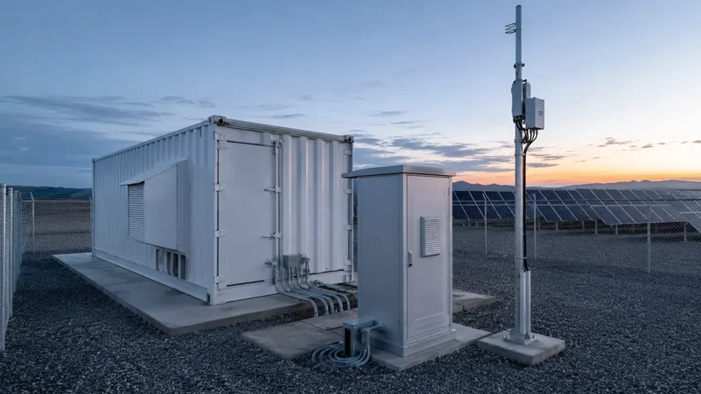 Remote Monitoring Infrastructure for Containerized BESS Industrial containerized BESS with protected communications equipment supporting remote monitoring at a remote site.
