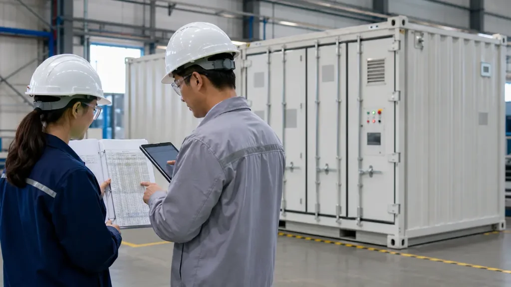 BESS FAT-to-SAT handover control Technical staff reviewing controlled BESS factory-to-site handover records.