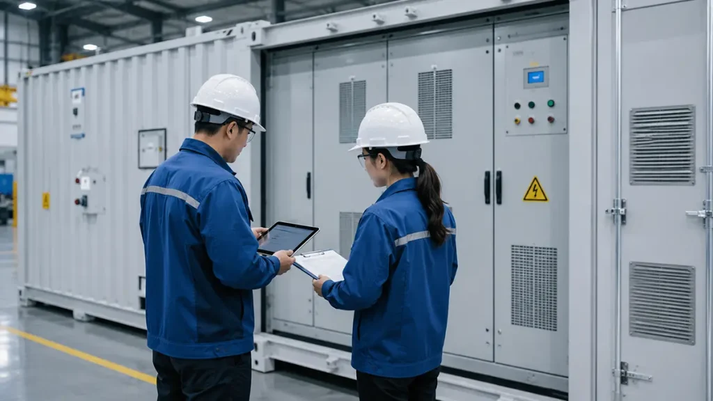 Technical staff reviewing controlled BESS handover records at a factory inspection area.