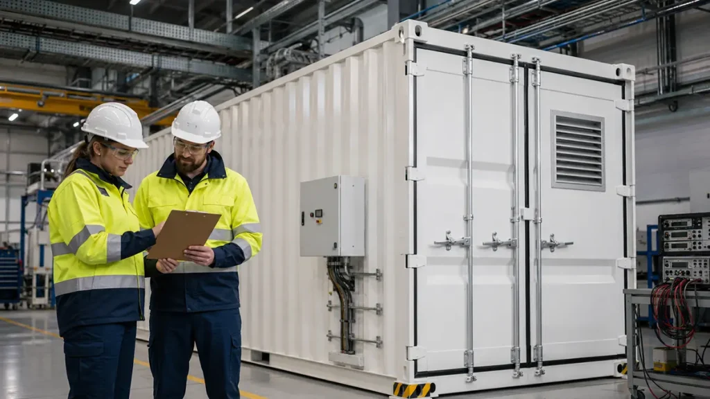 Technicians review a closed containerized energy system during factory acceptance testing in a clean industrial assembly area.