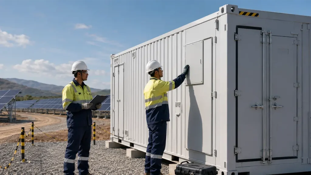 Field-Service Readiness for Remote Container BESS Technicians in protective equipment inspect a closed containerized BESS beside a marked service area at a remote solar-storage site.