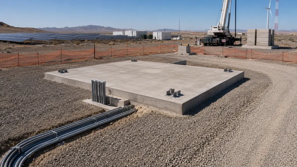 Prepared foundation and access route ready for delivery of a containerized solar-storage system at an industrial site.