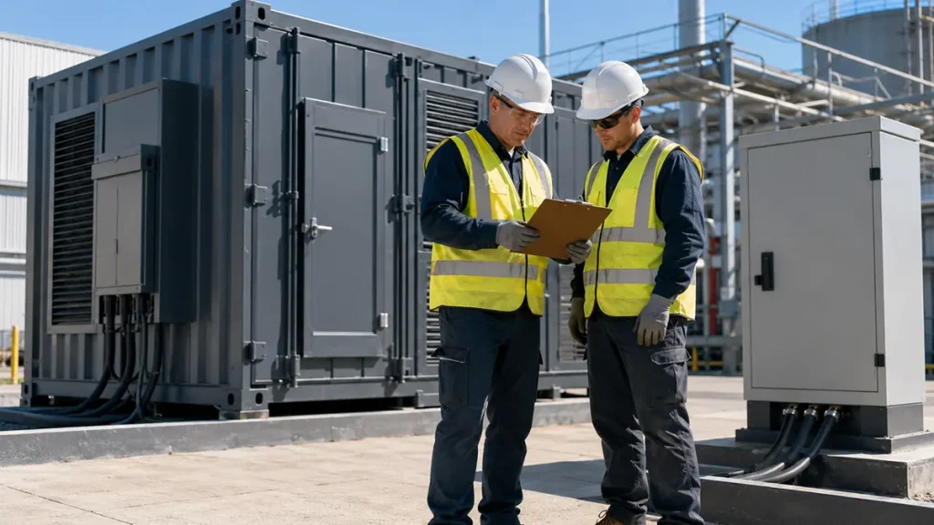 Engineers review an unmarked load schedule beside a closed power container at an industrial site.