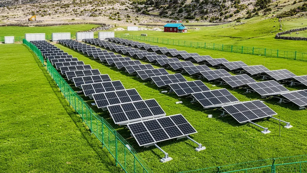 solar container Within the farm, a fold-out solar container sits on grassland.