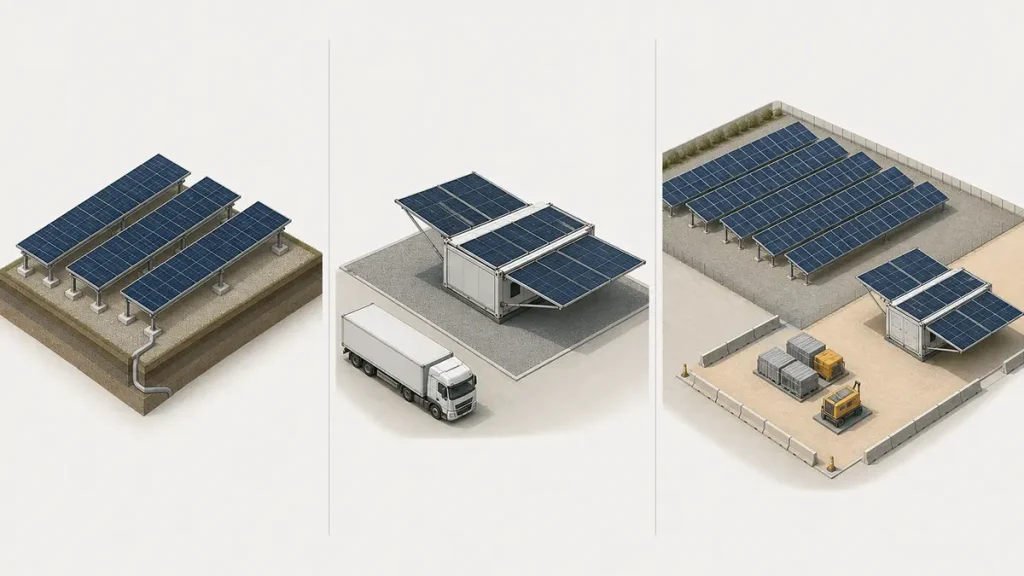 fixed container hybrid decision illustration Isometric comparison of fixed ground-mounted solar, a foldable solar container and a hybrid industrial site