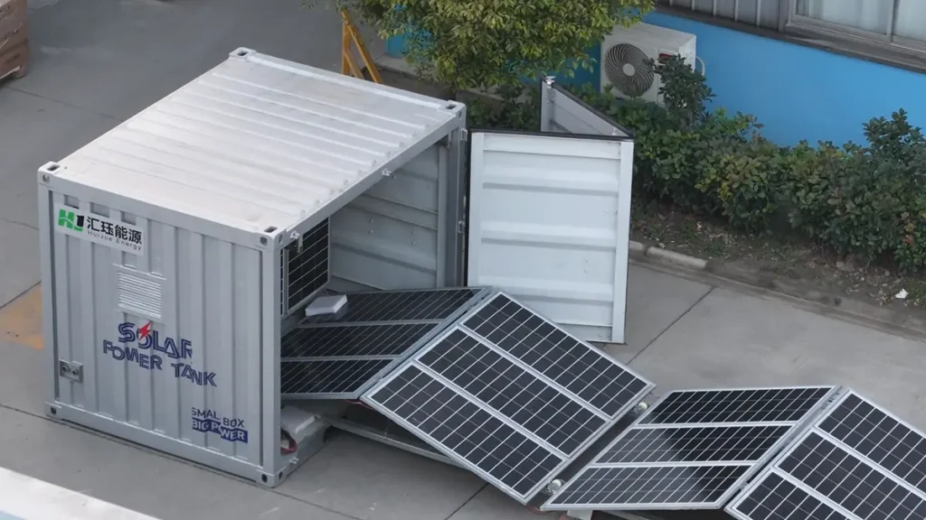 Off-Grid Solar Container and Battery Storage System Foldable solar container and battery storage system deployed at a remote off-grid industrial site