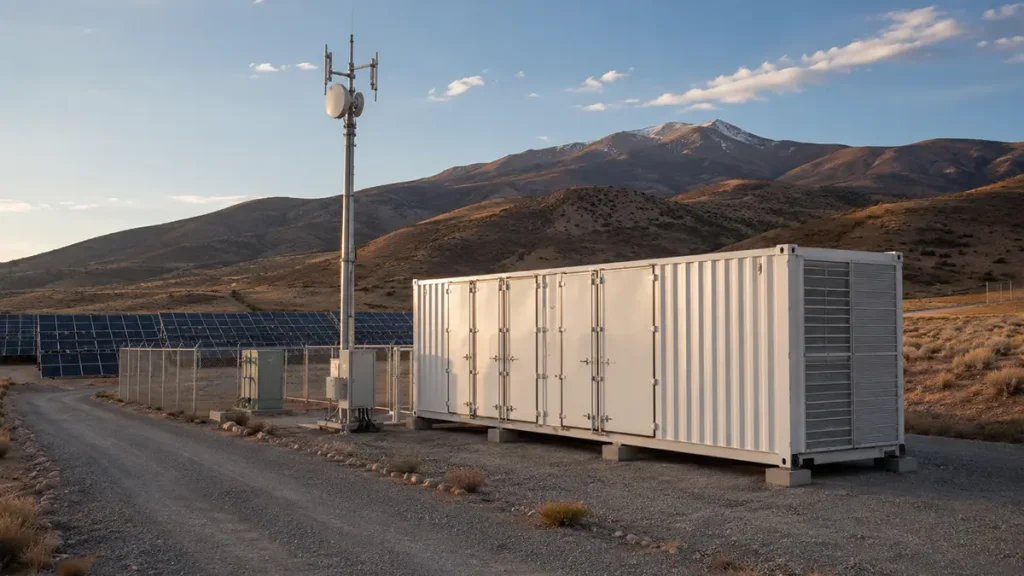 Remote BESS Maintenance at a Containerized Energy Storage Site Containerized battery energy storage system at a remote industrial solar site with a communications mast and a clear service-access route.