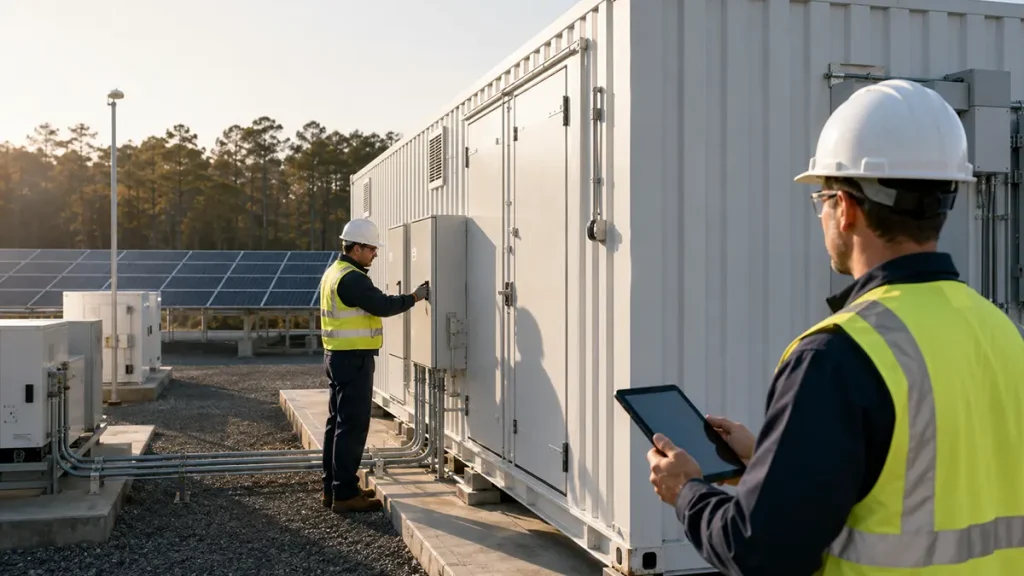 Technicians inspect a closed containerized solar-storage system at a completed industrial site during commissioning.