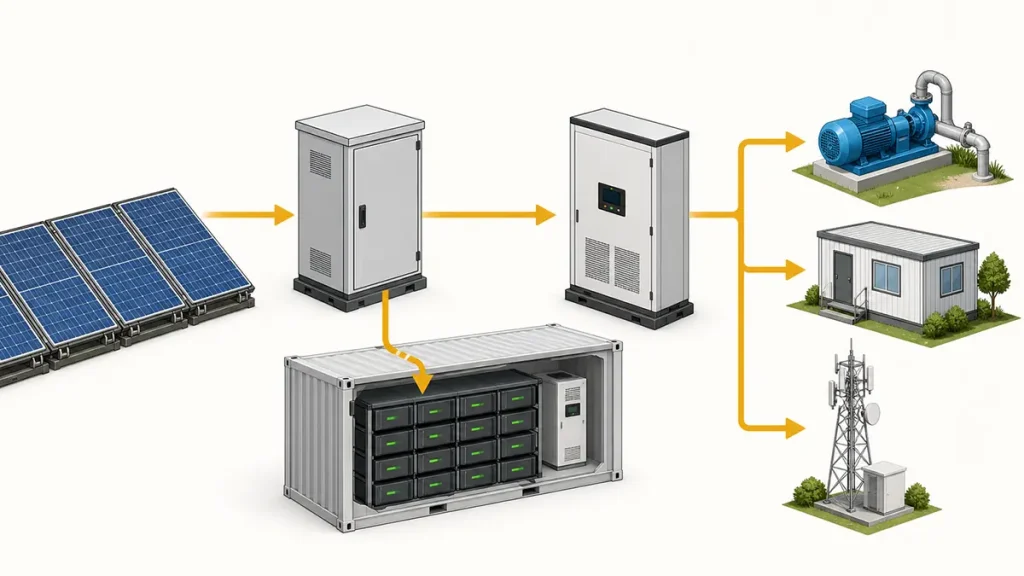 Conceptual energy flow from a solar array through power conversion and battery storage to a pump, site office and communications load Solar generation can serve current loads and charge storage; the inverter and controls determine how energy reaches AC equipment.