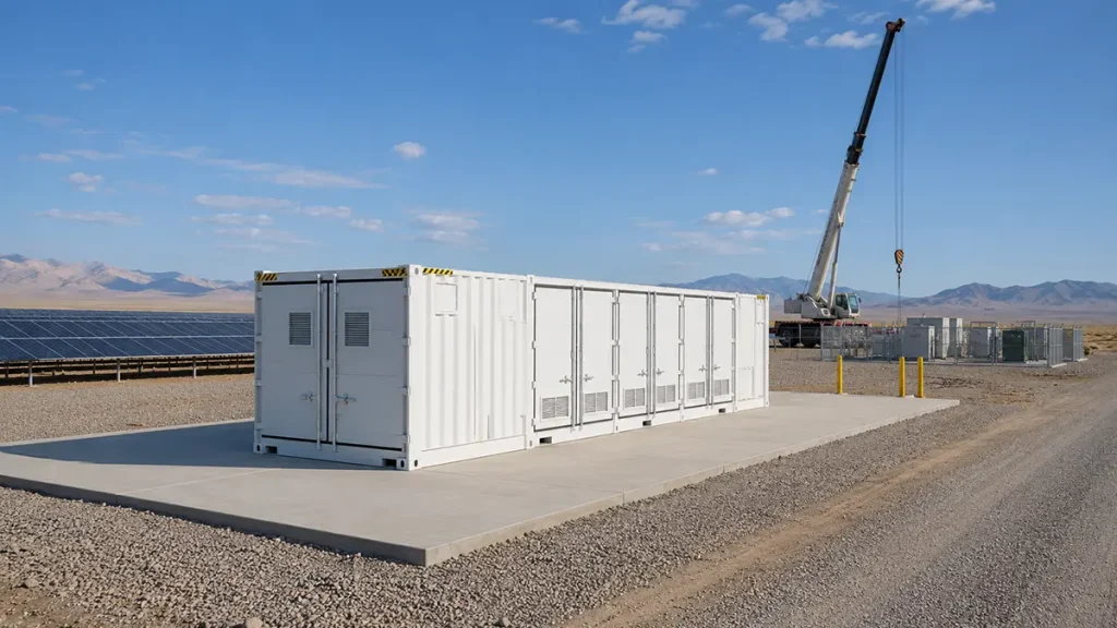 Containerized solar and battery system at an industrial site with completed foundation, crane access, and staged equipment for commissioning.