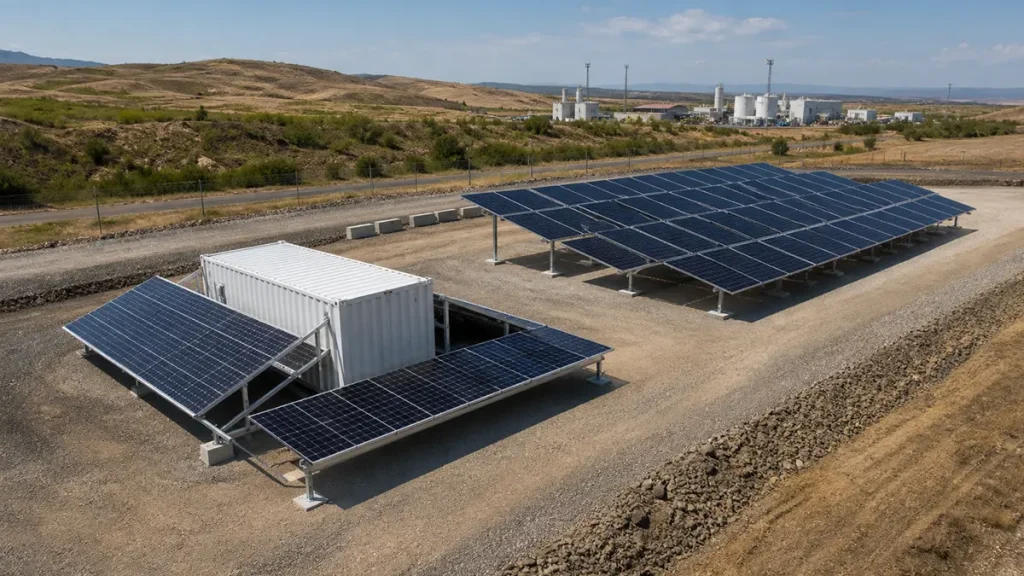 solar container vs ground mounted- solar Foldable solar container beside a fixed ground-mounted photovoltaic array on a prepared industrial site