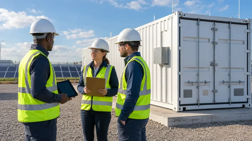 A procurement and operations team reviews an unmarked checklist at a completed industrial microgrid site.