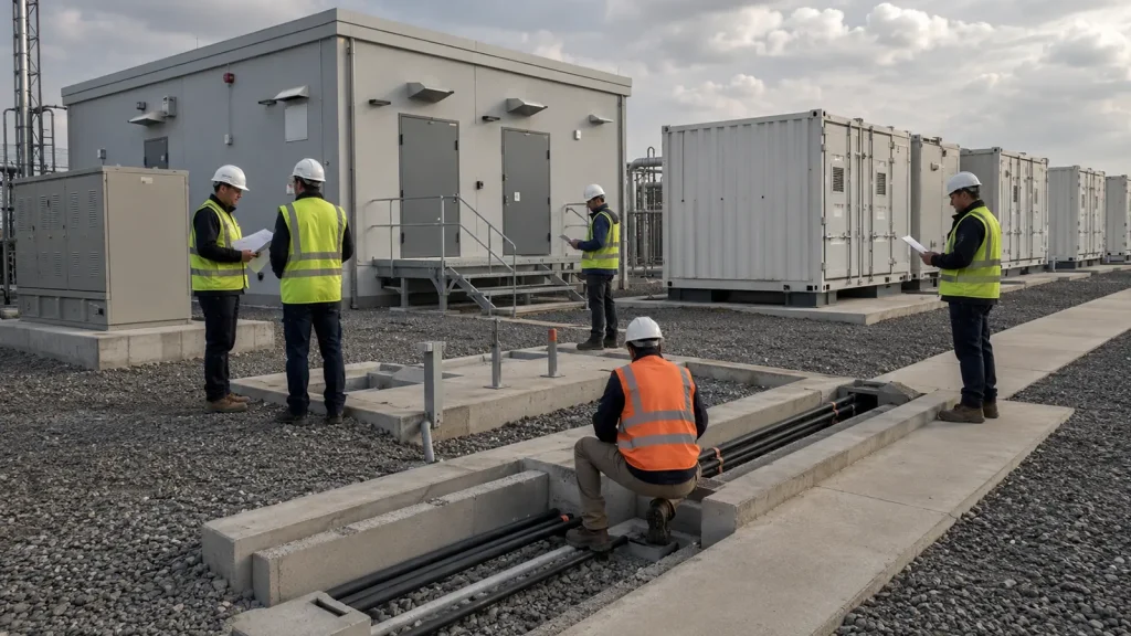 BESS Site Delivery and Commissioning Interface Review EPC engineers inspect civil, electrical, access and commissioning interfaces for containerized and building-based energy storage systems.