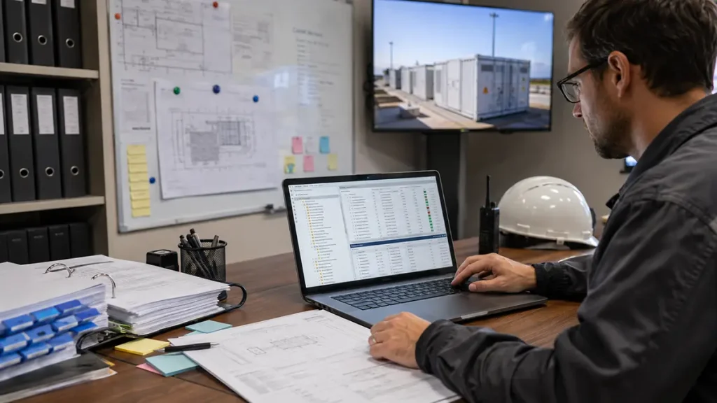 Project engineer reviewing a BESS document register with controlled revisions and open action records