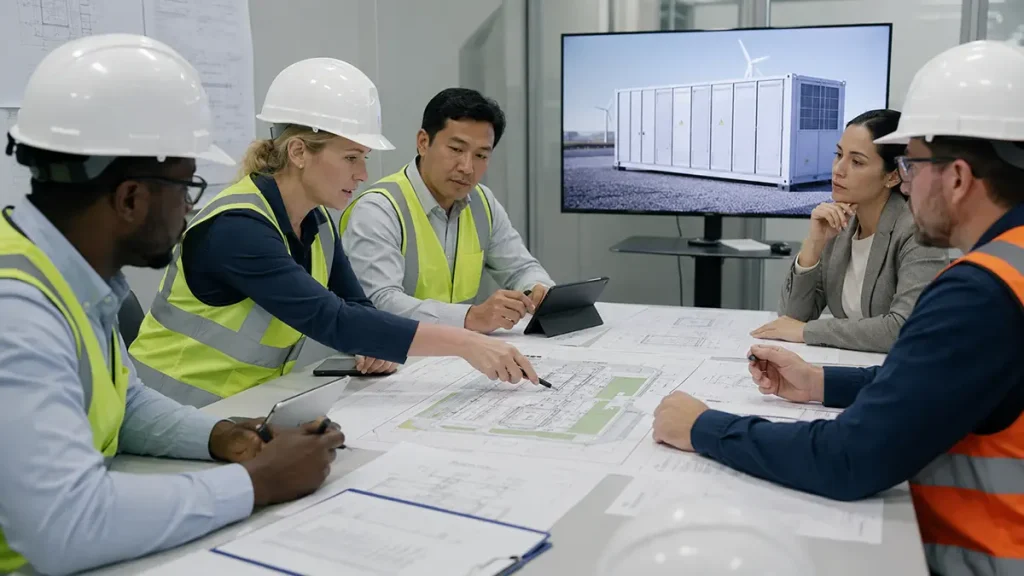 Owner, EPC engineer, supplier representative and operations lead reviewing responsibilities for a BESS project