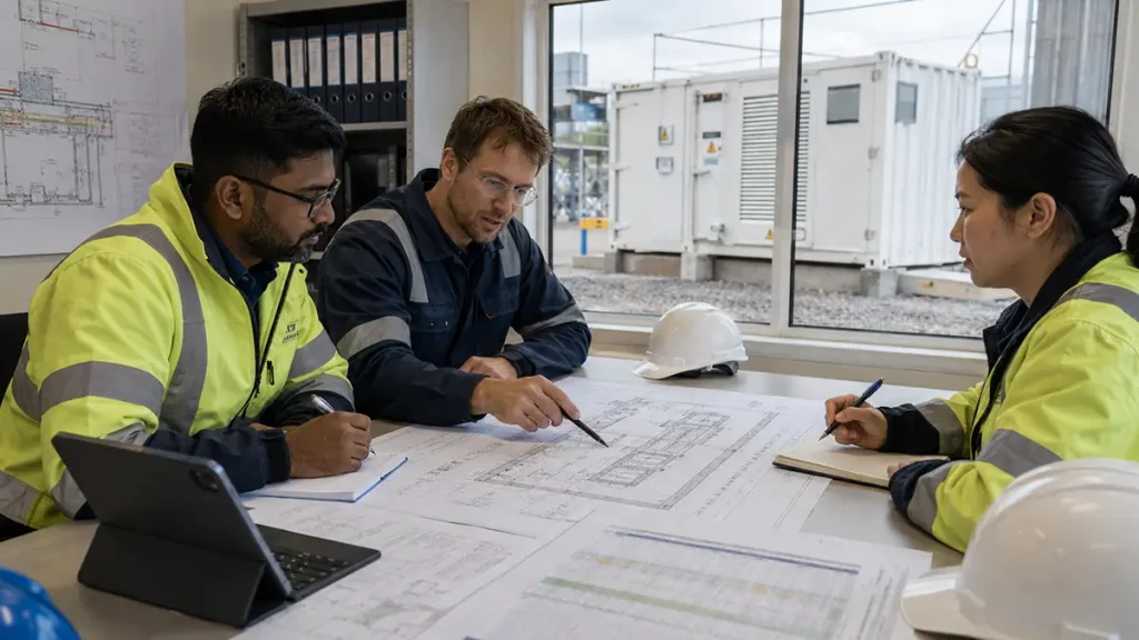 EPC stage-gate review for a containerized BESS EPC engineers reviewing a containerized battery energy storage system proposal with site drawings and a controlled evidence matrix