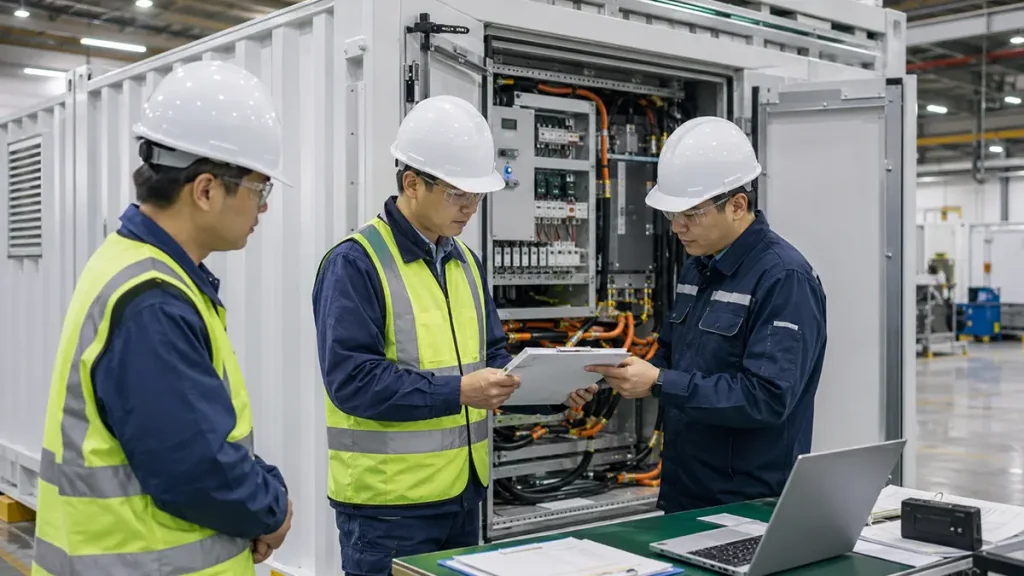Factory-to-site acceptance evidence chain Factory acceptance testing witness reviewing BESS control records before site acceptance and handover