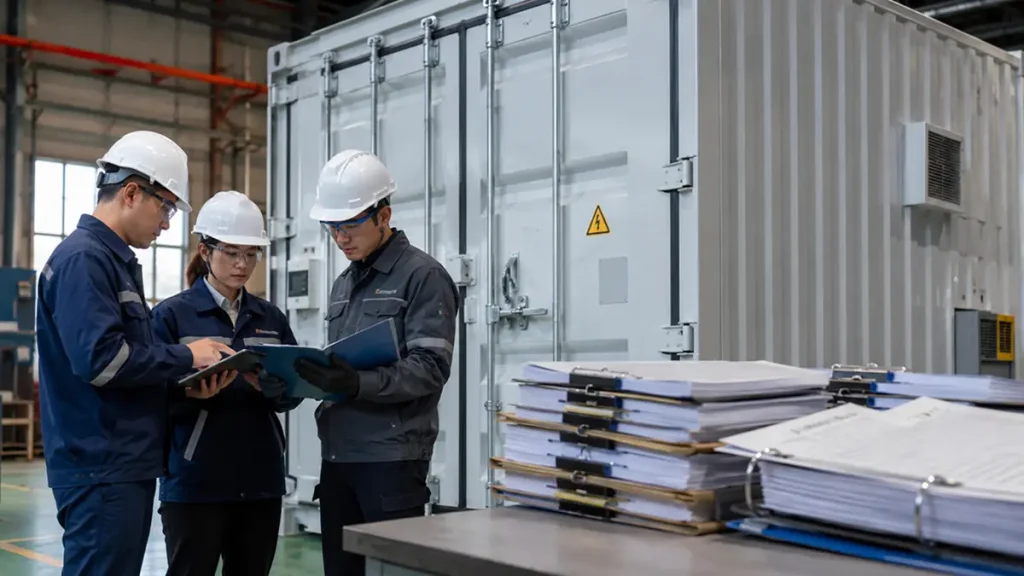 Containerized BESS FAT-to-SAT handover control Technical staff reviewing factory-to-site handover records for a containerized BESS.