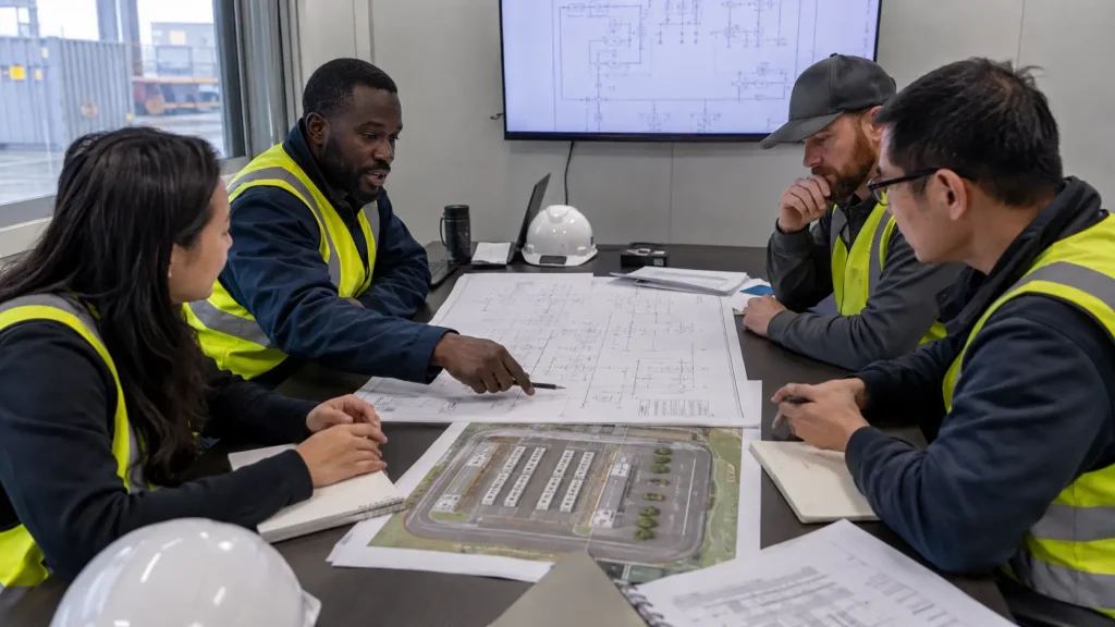 Containerized BESS grid-interconnection review EPC engineers reviewing a containerized BESS single-line diagram and utility application package